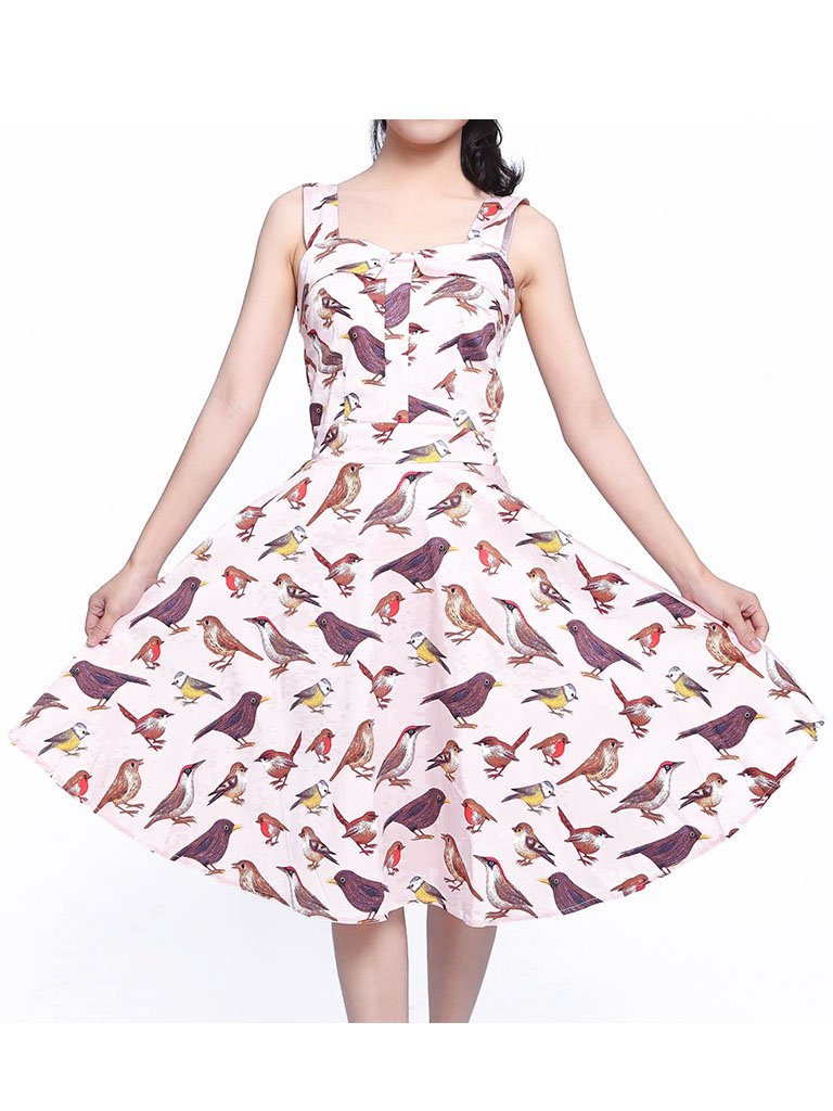Sweet Birds Printed Cotton 50s Flapper Dress