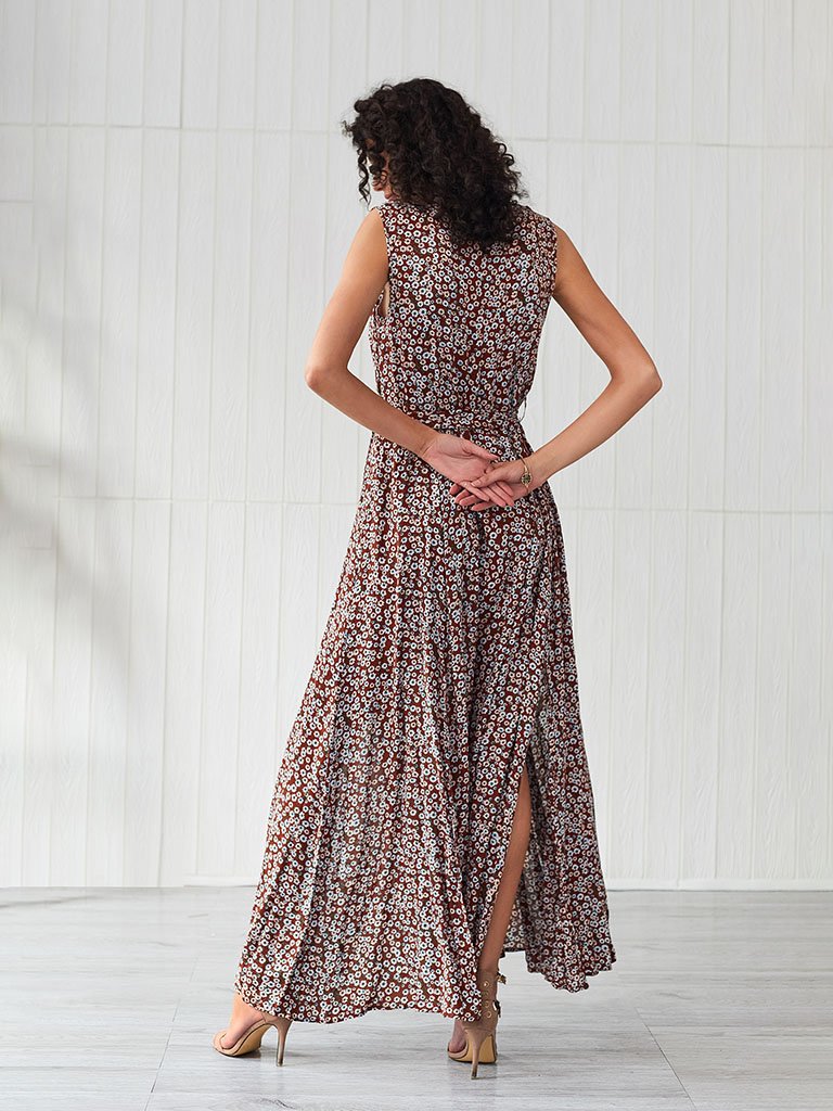 Boho Dress Deep V Neck Split Floral Printed Maxi Dress