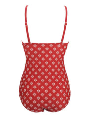 Printed Red Background Retro Style One Piece Backless Trigonal Bikini Set