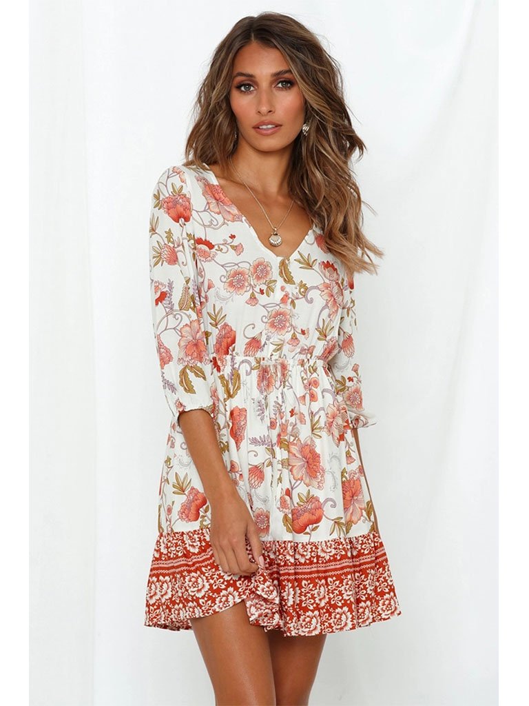 Boho Dress Floral Printed V Neck Beach Dress Half Sleeve