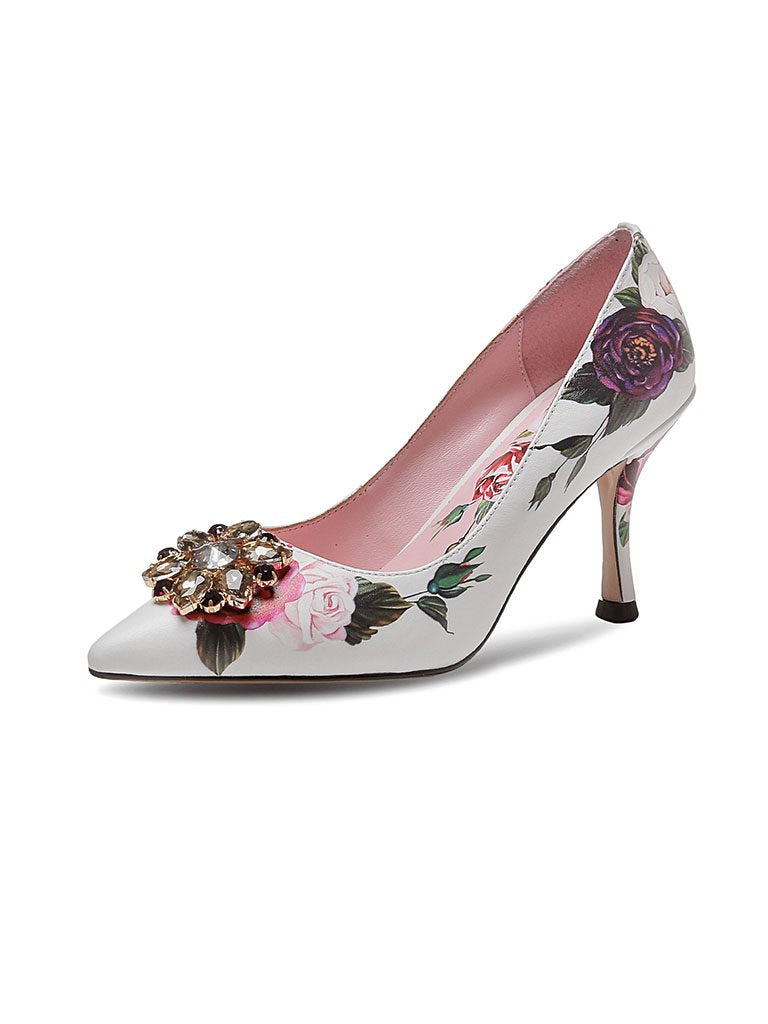 Rose Print Rhinestone Stiletto Heel Vintage Shoes