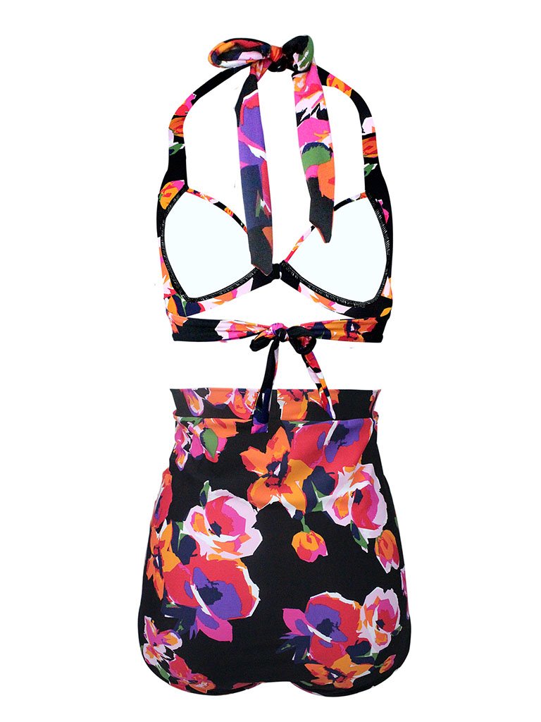 Floral Print Halter Backless Retro Style Binikis Swimwear Bathing Suit