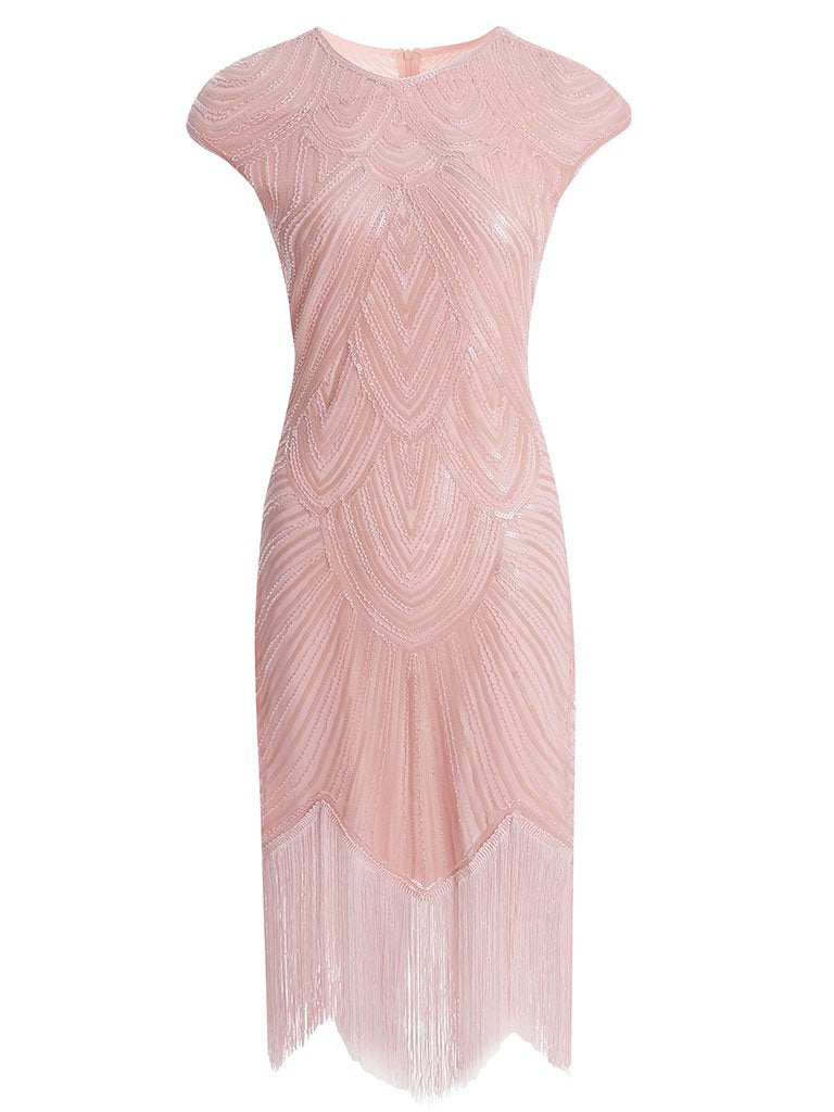 1920s Champagne Fringed Sequined Flapper 1920s Great Gatsby Dress