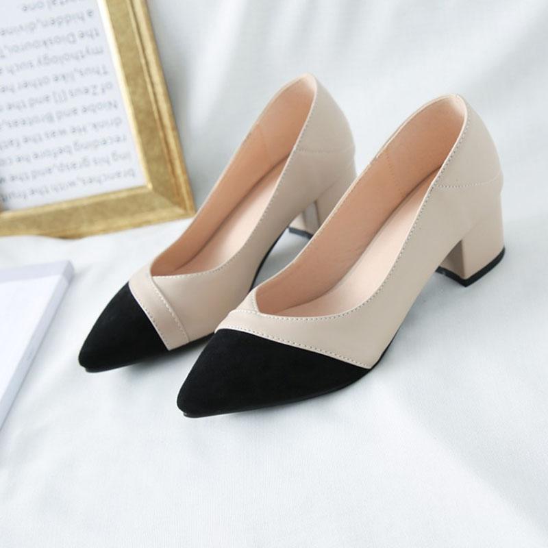 Heel Chunky Heel Pointed Cap-Toe PU Leather