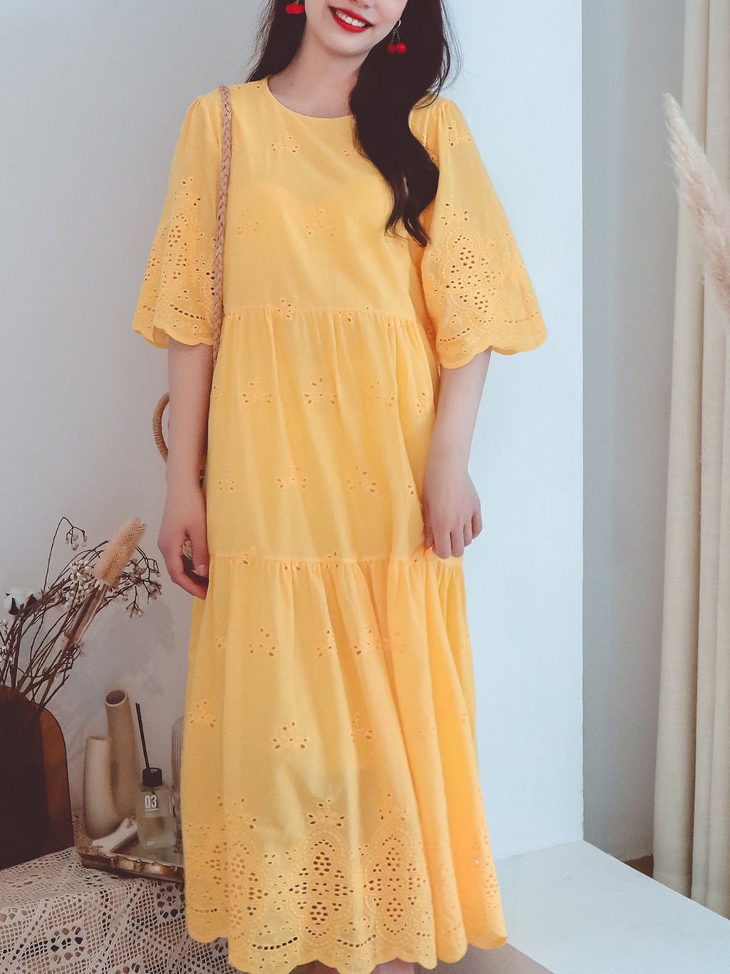 Jolly Vintage Embroidered Solid Backgrand Half Sleeves Boho Midi Dress