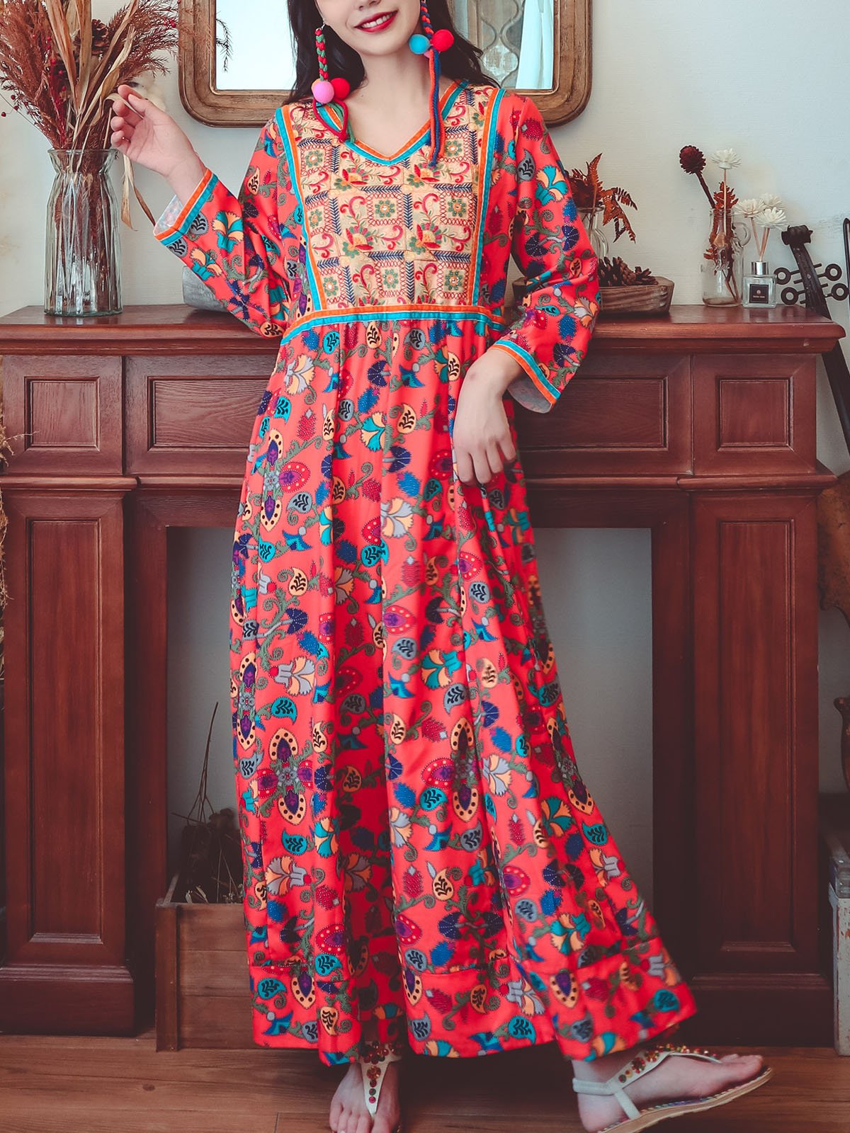 Jolly Vintage Embroidered Printed Floral V Neck Long Sleeves Boho Maxi Dress