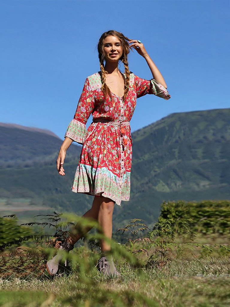 Summer Boho Dress Floral Printed V Neck Beach Maxi Dress
