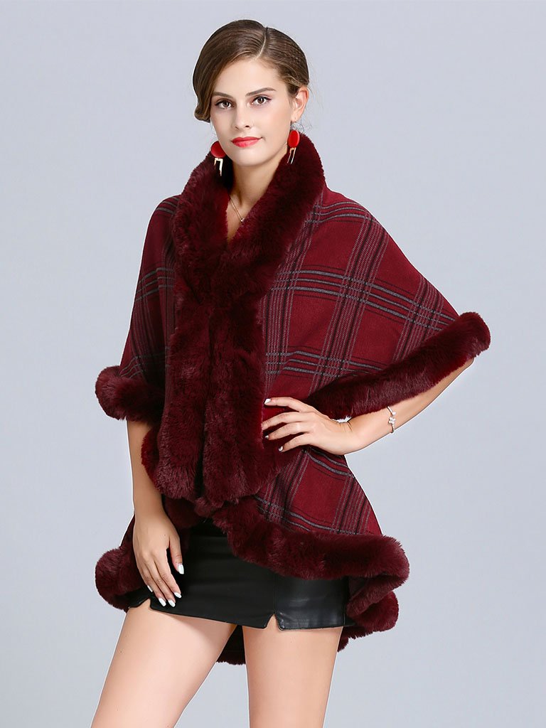 Poncho Wrap Faux Fur Collar Double Layer