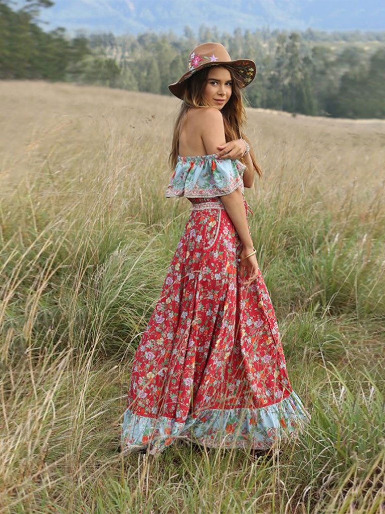 Summer Boho Dress Floral Printed V Elastic Band Collar Beach Maxi Dress