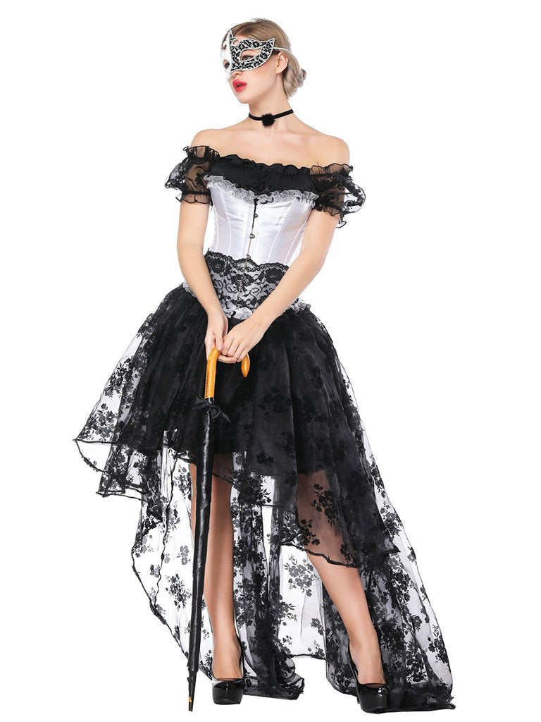 Gothic Costume Halloween Black Lace Short Sleeve Top Corset And Asymmetrical Skirt