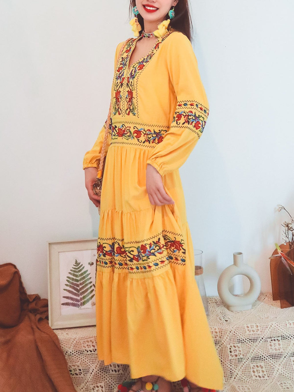 Jolly Vintage Embroidered Floral V Neck Long Sleeves Boho Maxi Cotton Dress