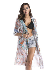 National Printed Long Kimono Cardigan Beach Tops Cover Ups