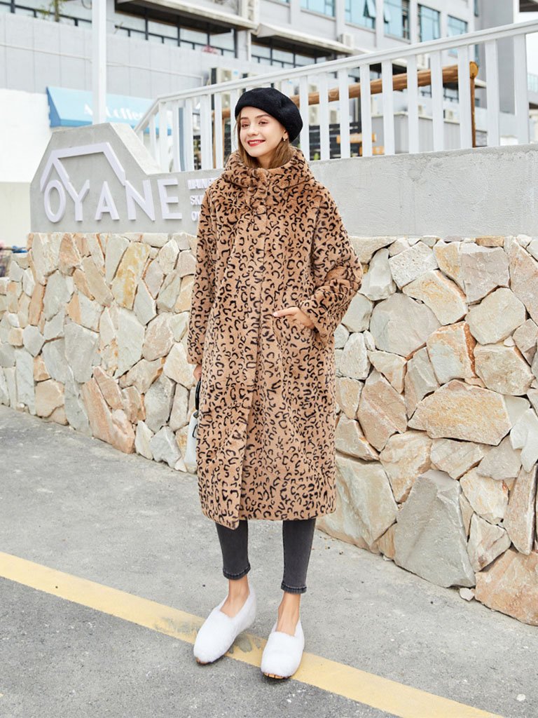 Faux Fur Coat Leopard Hooded Long Sleeve Oversized Winter Coat