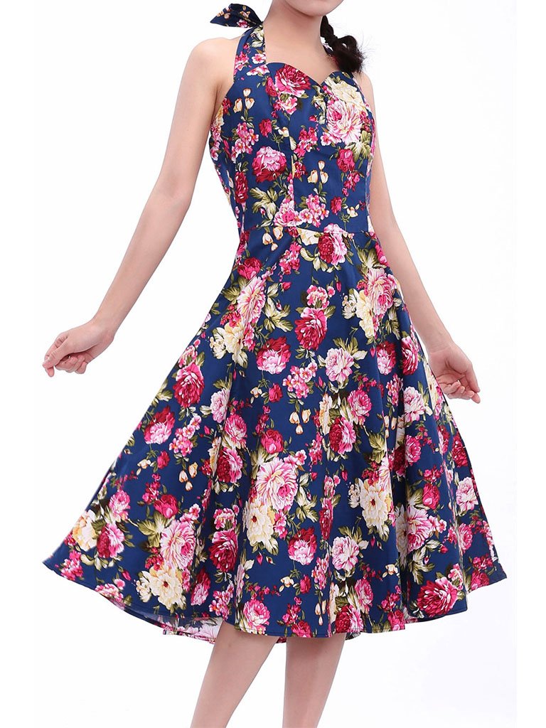 Sweet Floral Halter Cotton 50s Swing Dress