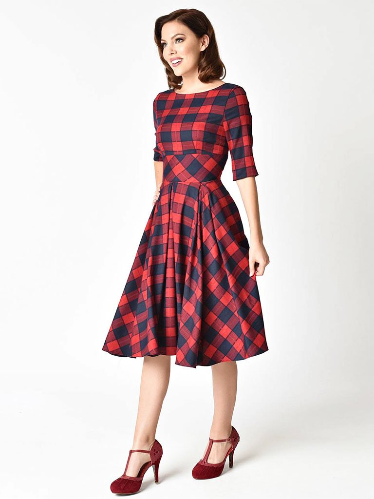 Elegent Low Back Crewneck Sleeveless Plaid Vintage Dress