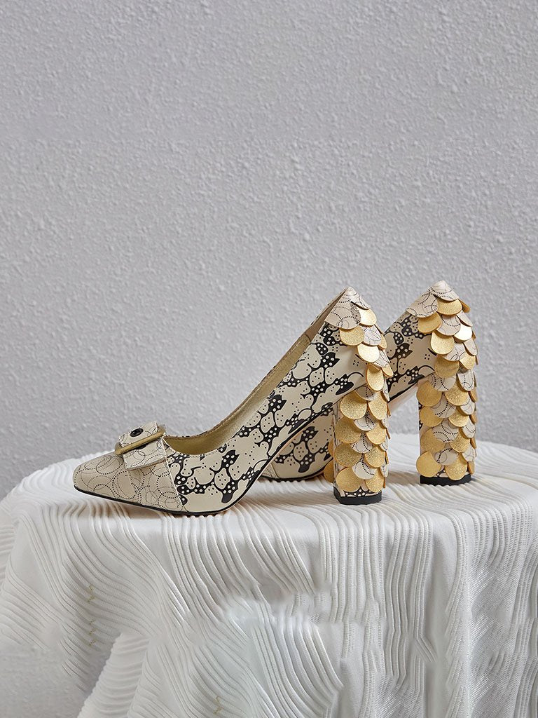 Stone Patten Petal Chunky Heel  Vintage Shoes