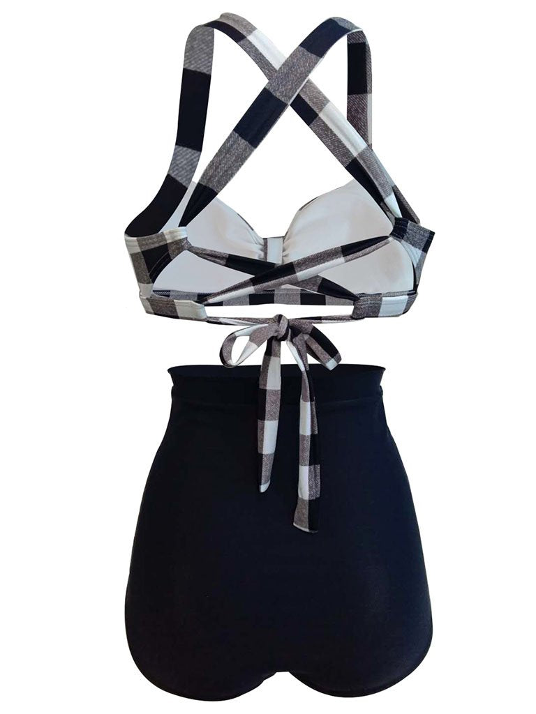 High Waisted Retro Style Backless Solid Black Two Pieces Bikini Sets