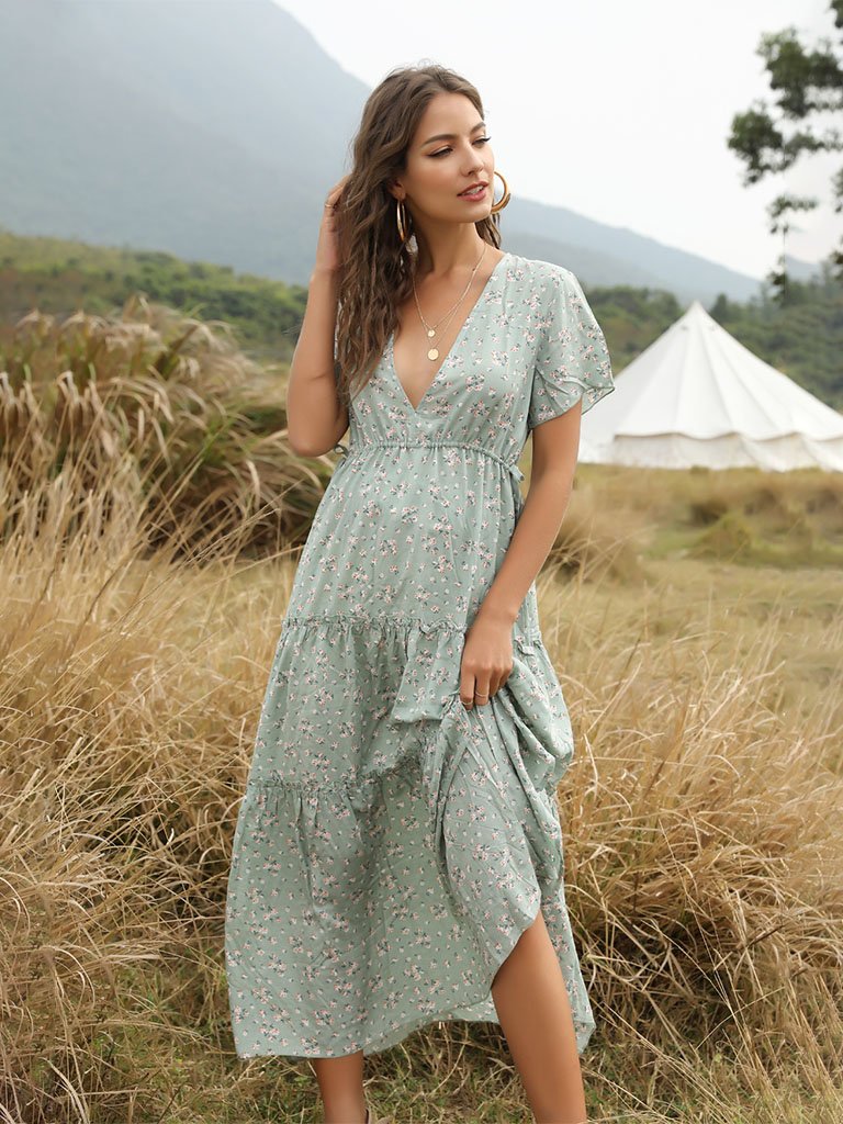 Boho Dress Floral Printed Ruffle Deep V Neck  Maxi Dress
