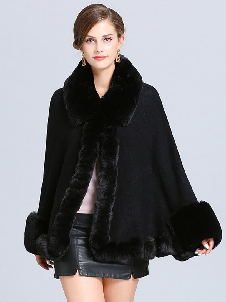 Poncho Sweater Faux Fur Coat Shawl Collar