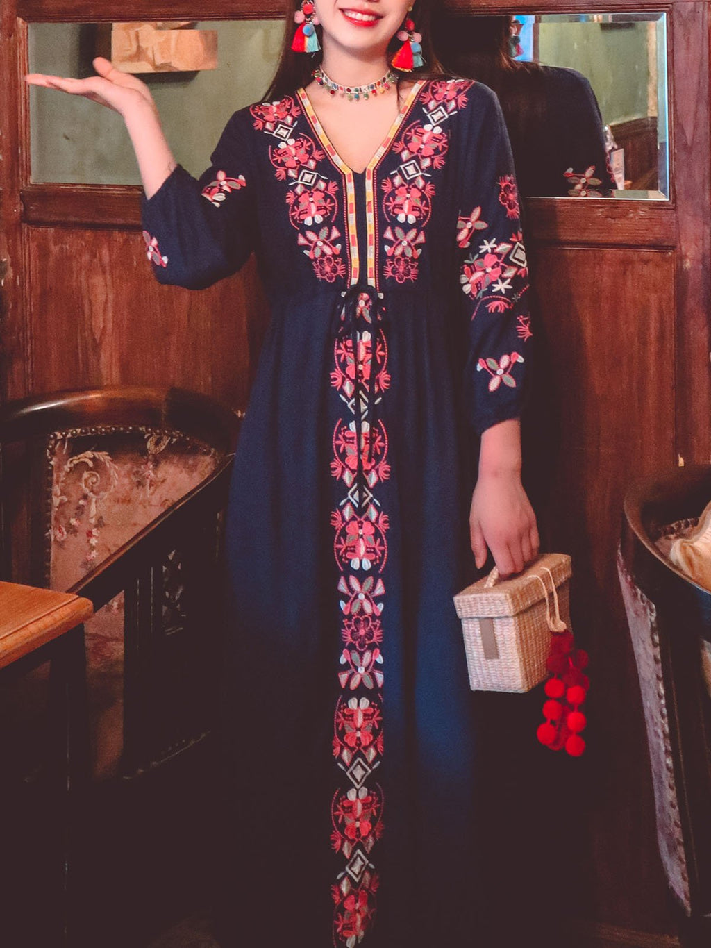 Bohemian Embroidered Floral V Neck Long Sleeve Cotton Boho Maxi Dress