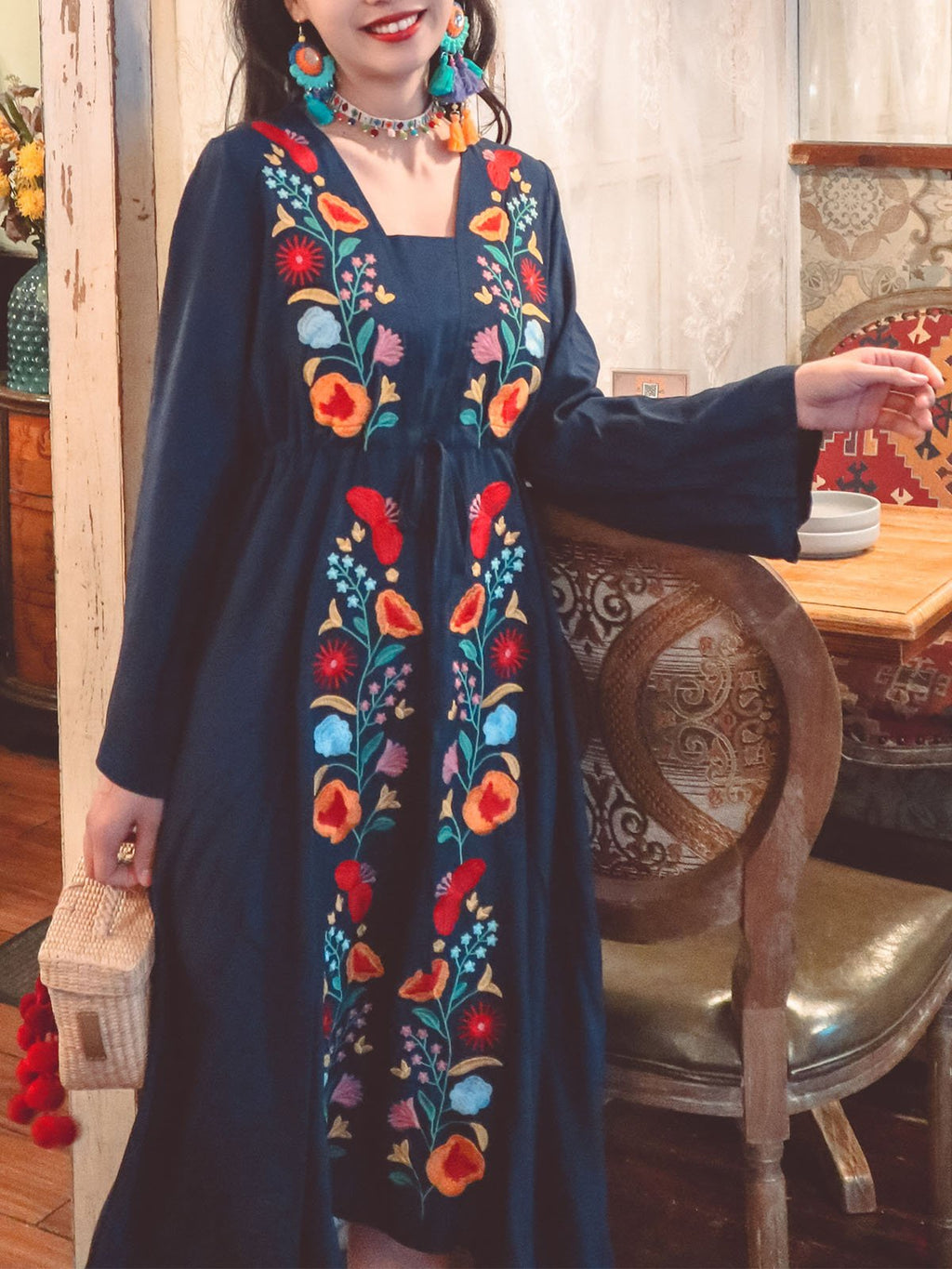 Jolly Vintage Embroidered Floral Long Sleeves Square Neck Boho Dress