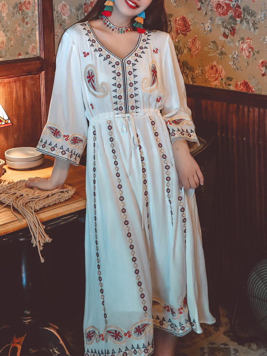 Bohemian Floral Embroidered V Neck 3/4 Flared Sleeves Boho Dress