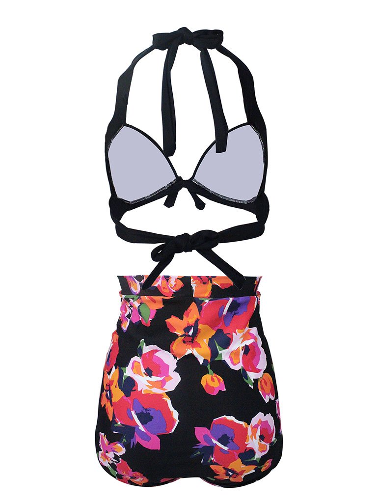 Black Floral Print Halter Backless Retro Style Binikis Swimwear Bathing Suit