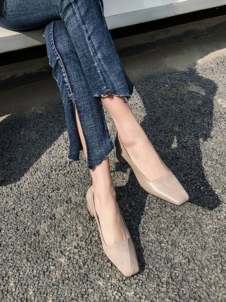 Handmade Chunky Heel  Square Toe Leather Vintage Shoes