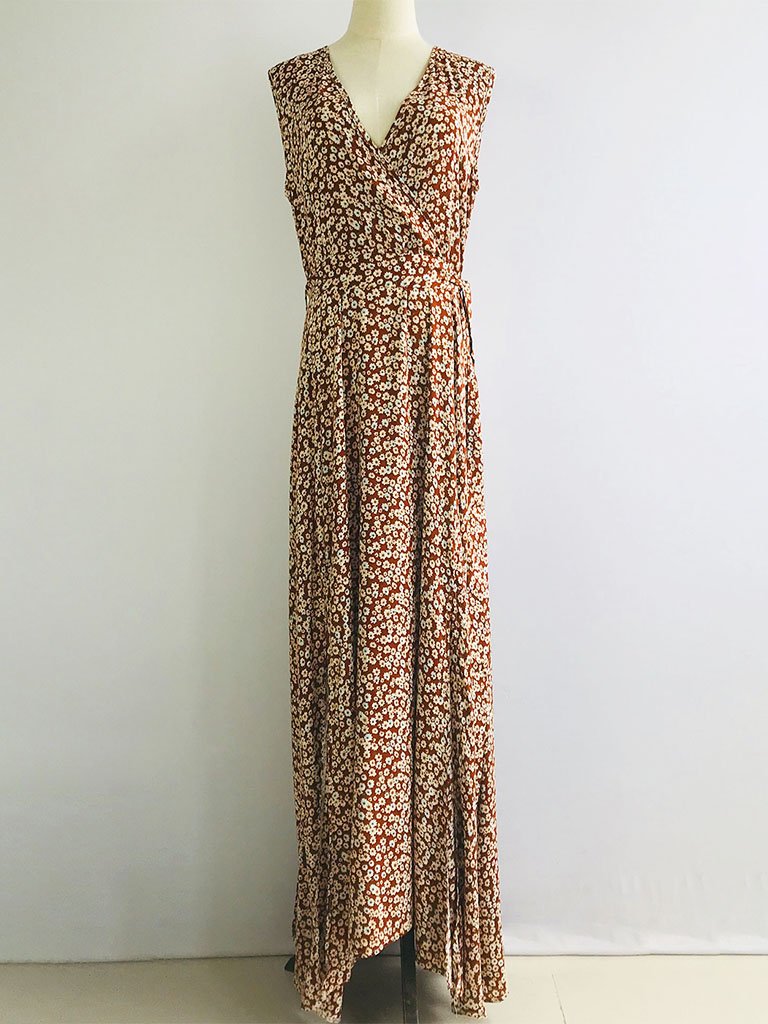 Boho Dress Floral Printed V Neck Summer Maxi Dresses Sleeveless