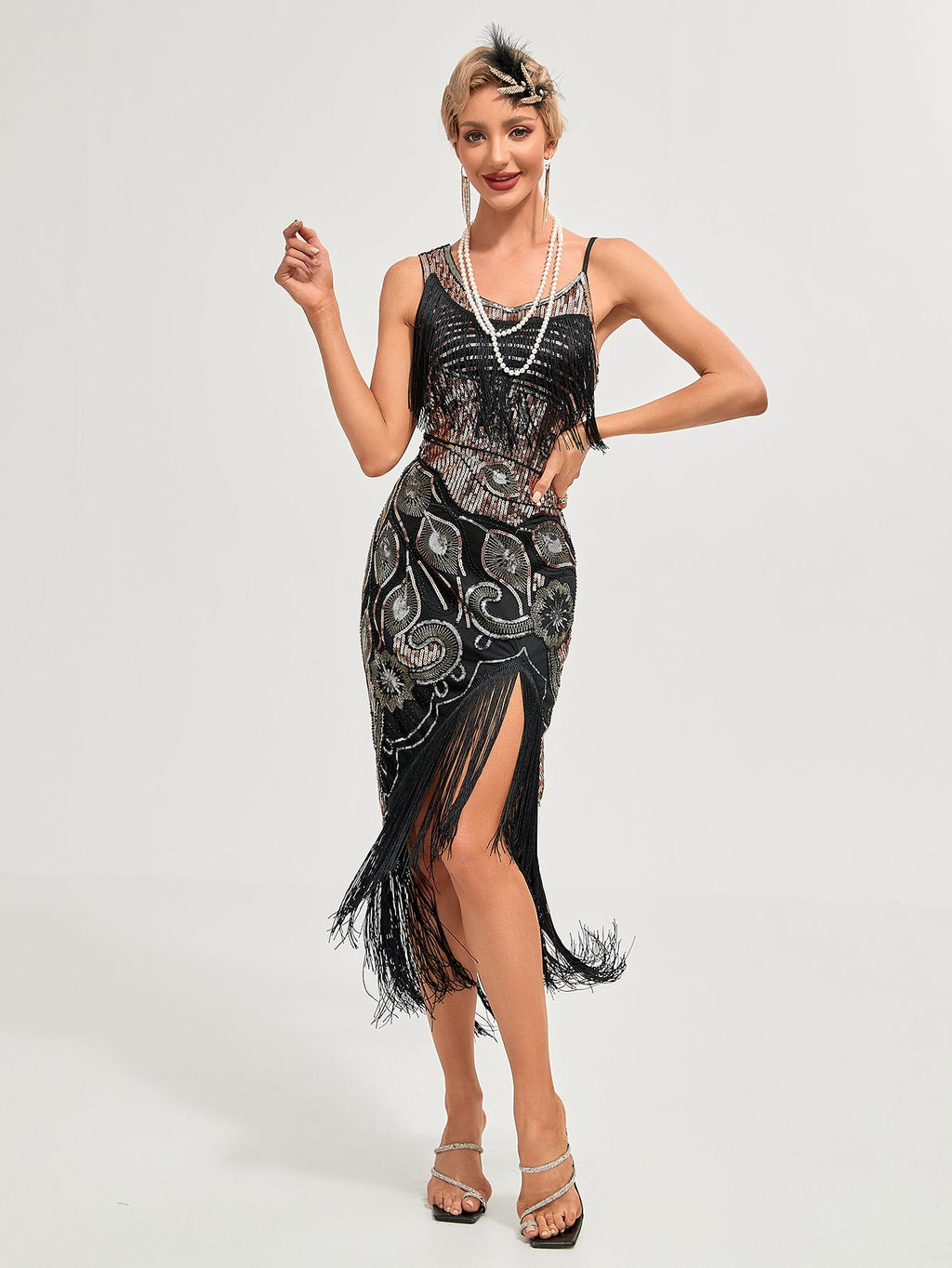 One-shoulder Strap Sequin Irregular Hem Tassel 1920S Gatsby Dress