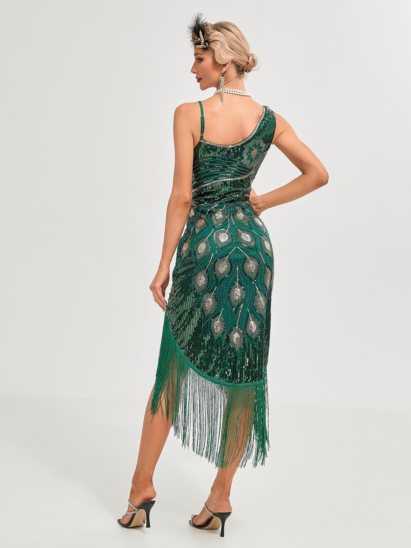 One-shoulder Strap Sequin Irregular Hem Tassel 1920S Gatsby Dress