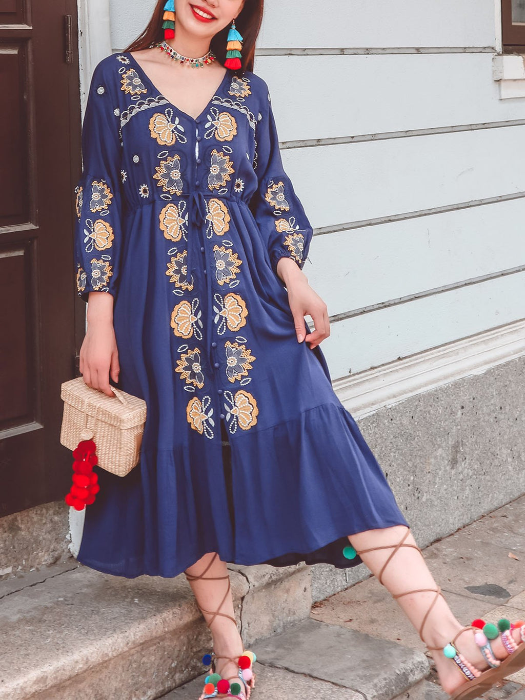 Bohemian Floral Embroidered V Neck 3/4 Sleeves Front Split Button Maxi Boho Dress