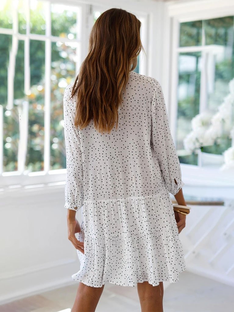 White Polka Dots V Neck Loose Midi Length Dress