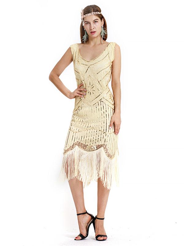 Apricot 1920s Crew Neck Sequined Fringed Flapper Dress