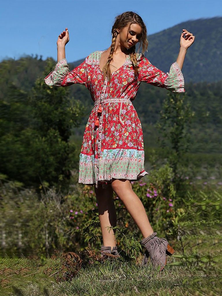 Summer Boho Dress Floral Printed V Neck Beach Maxi Dress