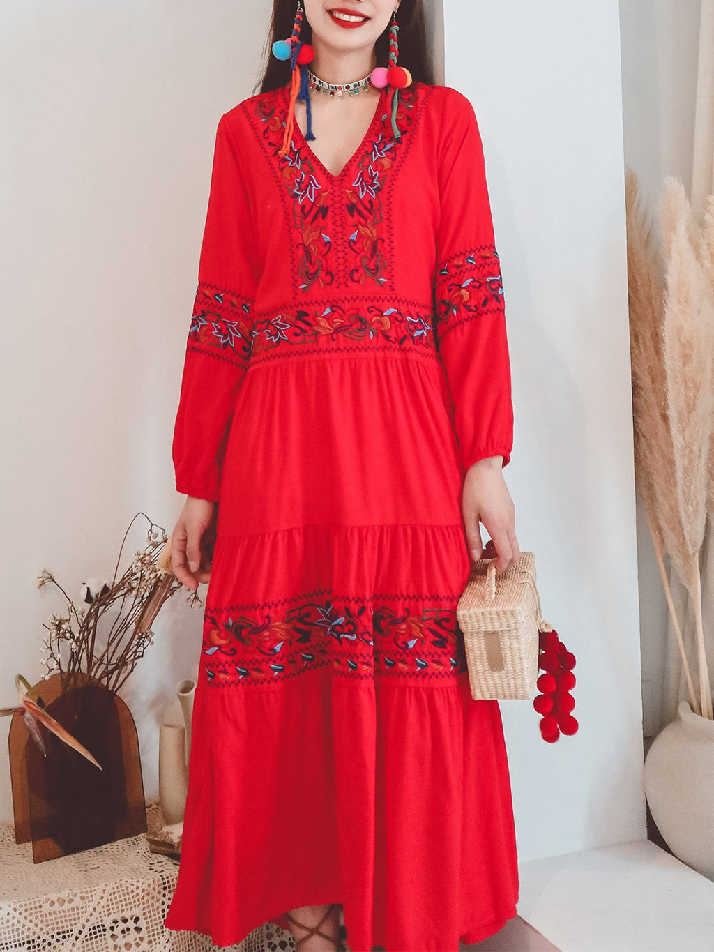 Jolly Vintage Embroidered Floral V Neck Long Sleeves Boho Maxi Cotton Dress