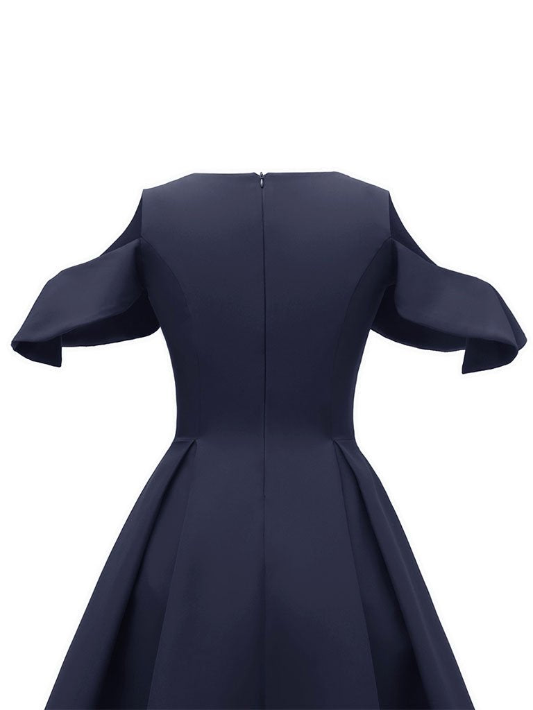 Navy 1950s Open Shoulder Ruffles Vintage Dress