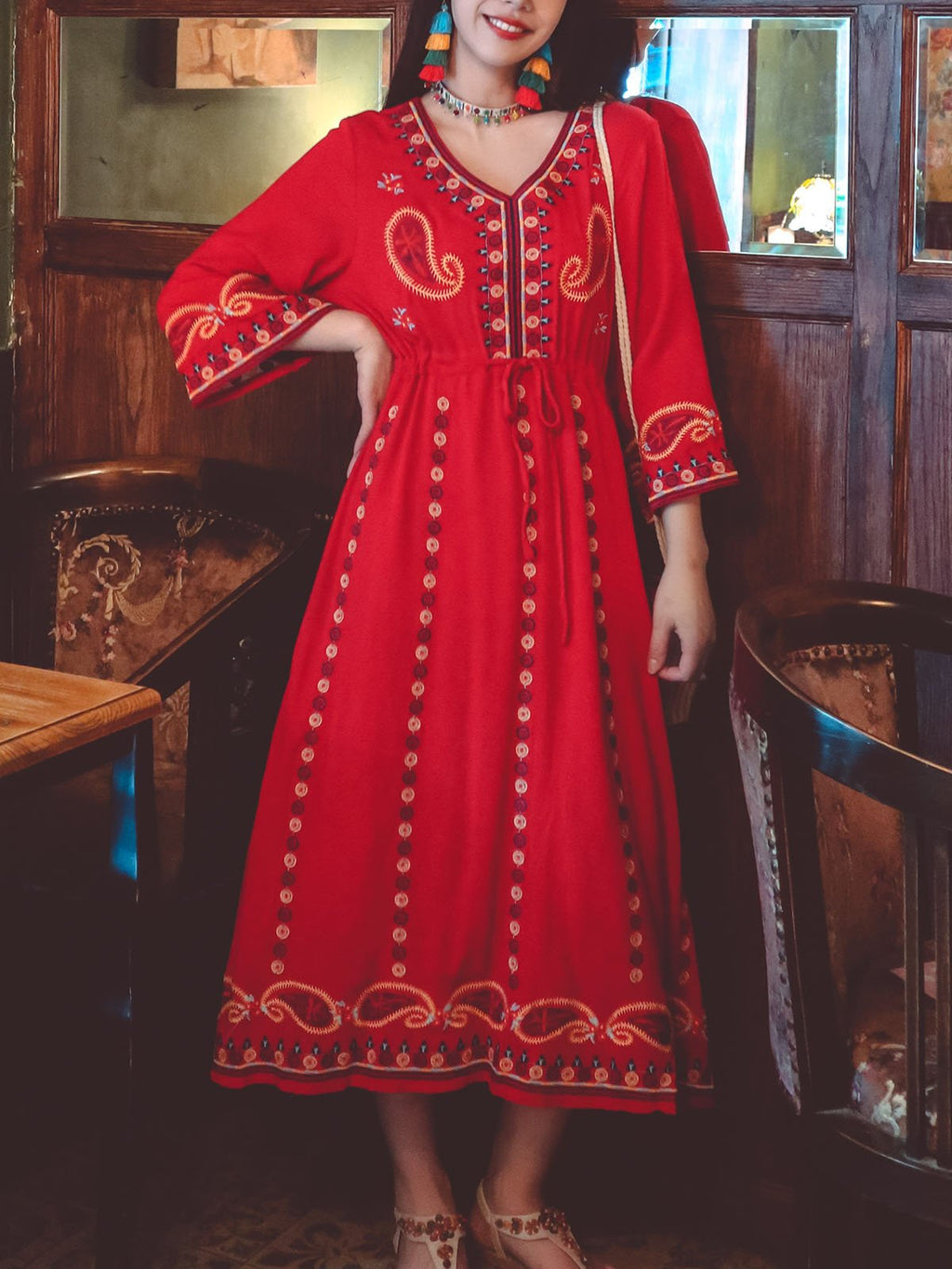 Bohemian Floral Embroidered V Neck 3/4 Flared Sleeves Boho Dress