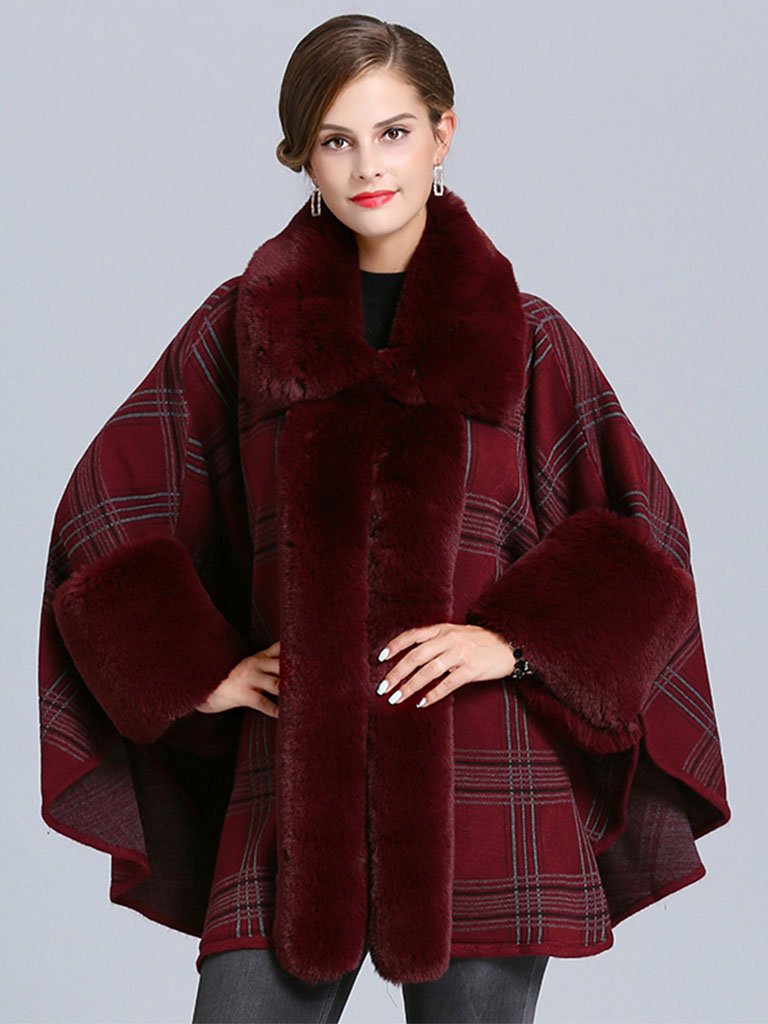 Plaid Poncho Sweater Faux Fur Coat Shawl Collar