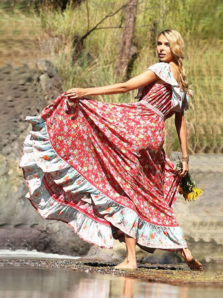 Summer Boho Dress Floral Printed V Elastic Band Collar Beach Maxi Dress
