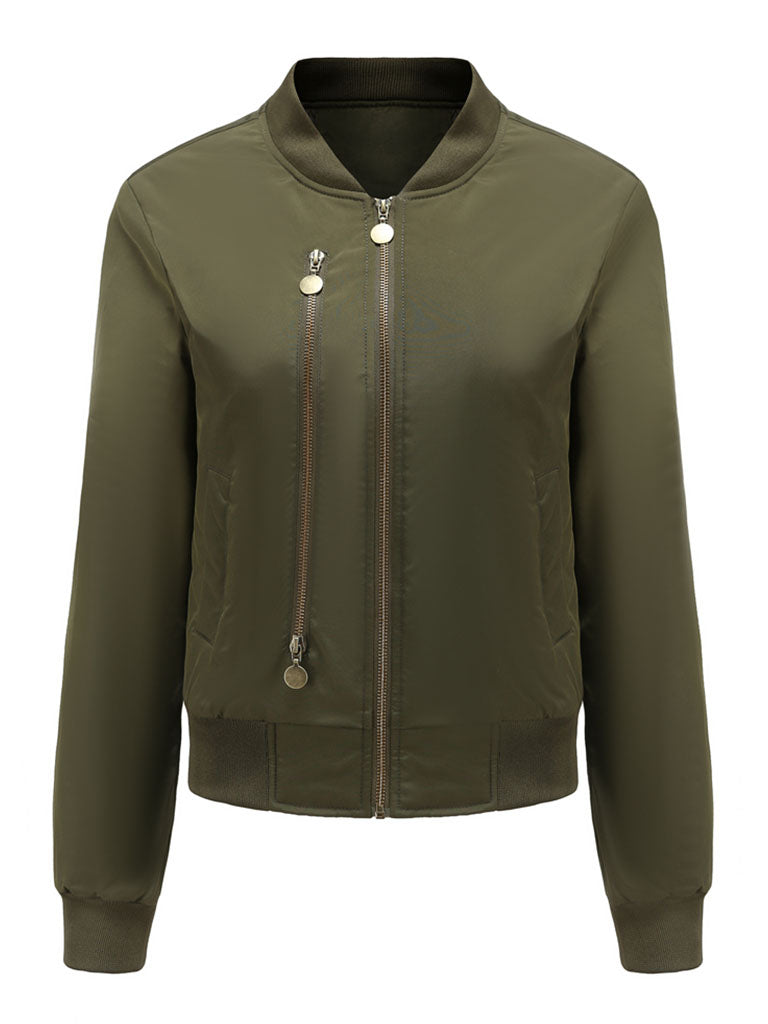 Pilot Style Jacket Daily Zippered Fall Winter Casual Solid Color Stand Collar Sporty Jacket For Women