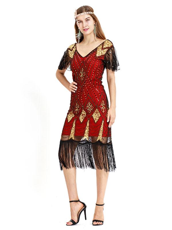 Red Gold 1920s V Neck Sequined Flapper Dress