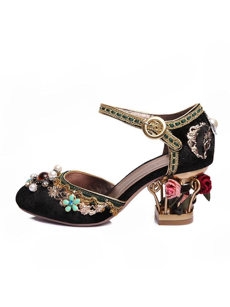 Luxury Floral Gem Studded Heels Ankle Strap Vintage Wedding Shoes
