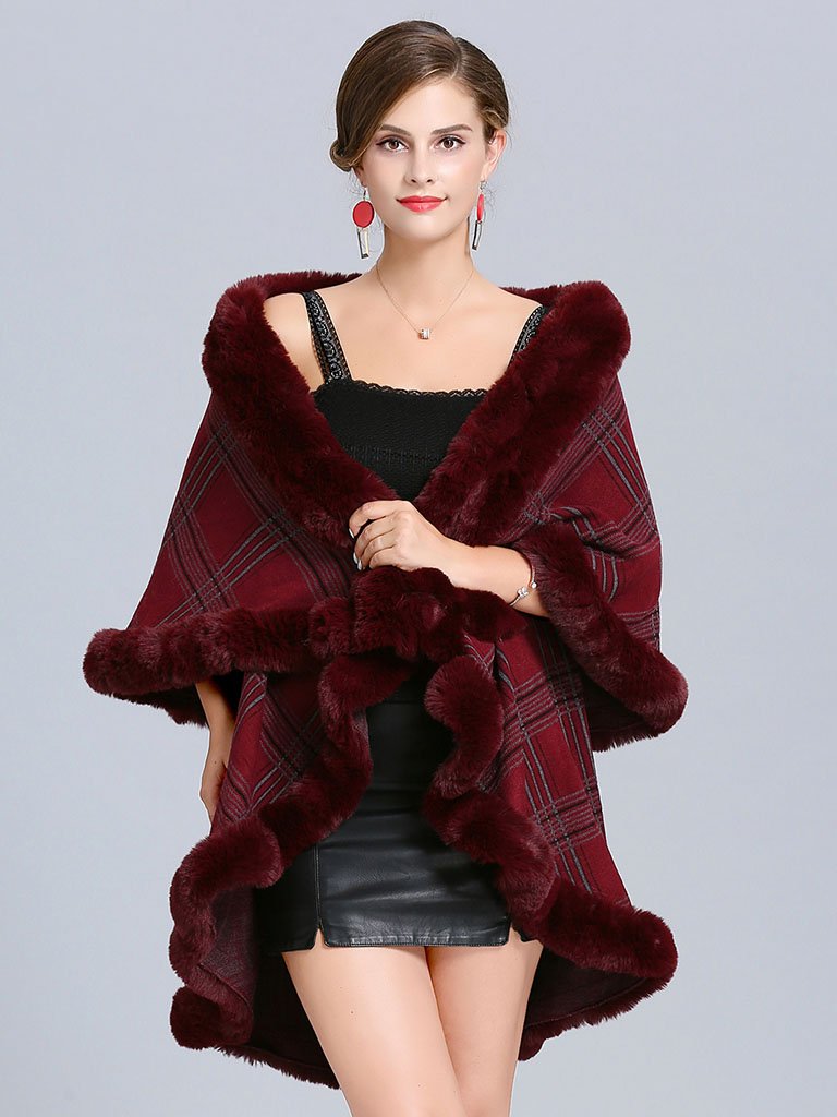 Poncho Wrap Faux Fur Collar Double Layer