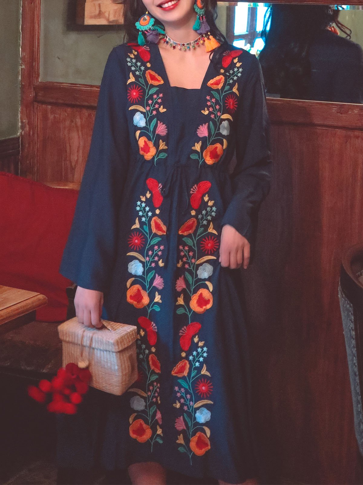 Jolly Vintage Embroidered Floral Long Sleeves Square Neck Boho Dress