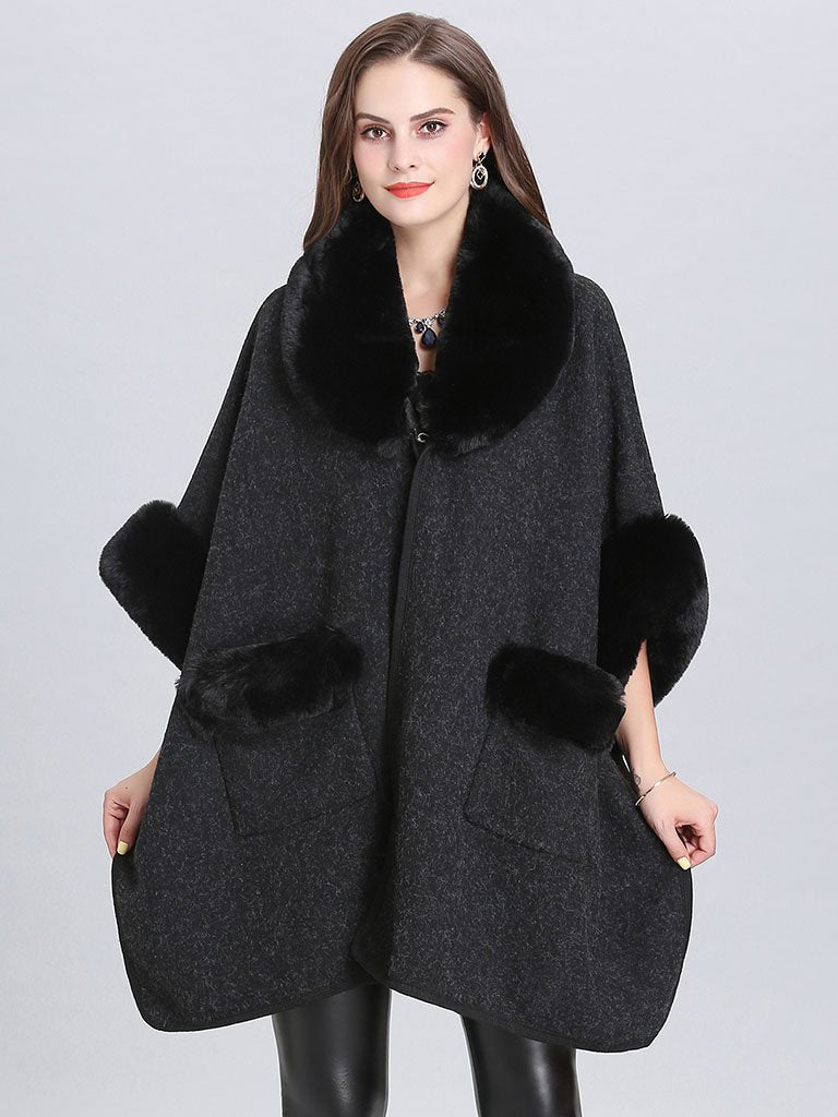 Poncho Knitwear Faux Fur Coat Shawl Collar Sweaters