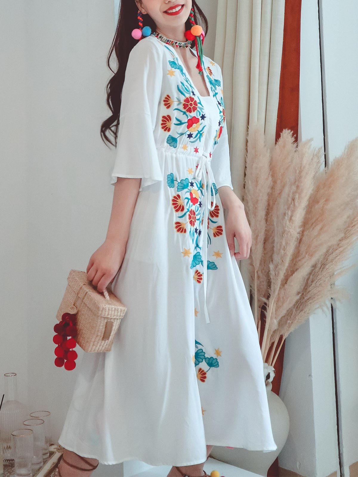 Cotton Embroidered Floral Square Neck Flared Half Sleeve Maxi Boho Dress