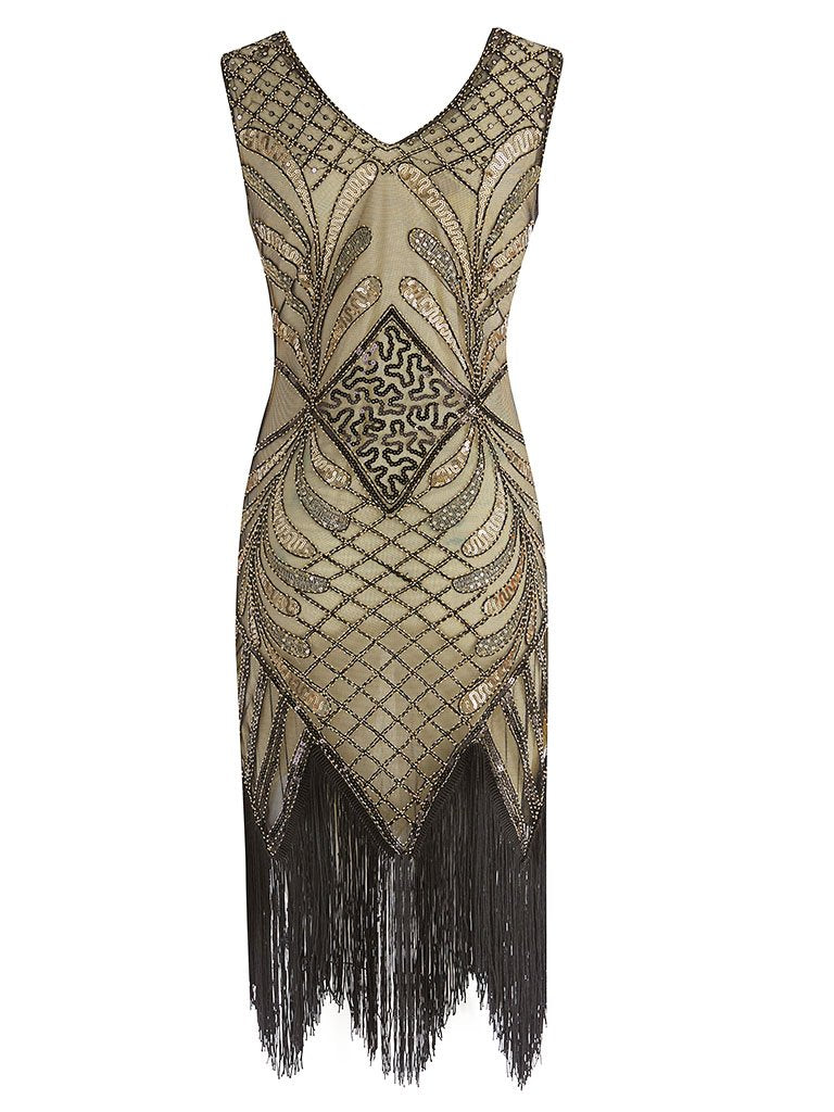 Black 1920s V Neck Sequined Flapper Dress