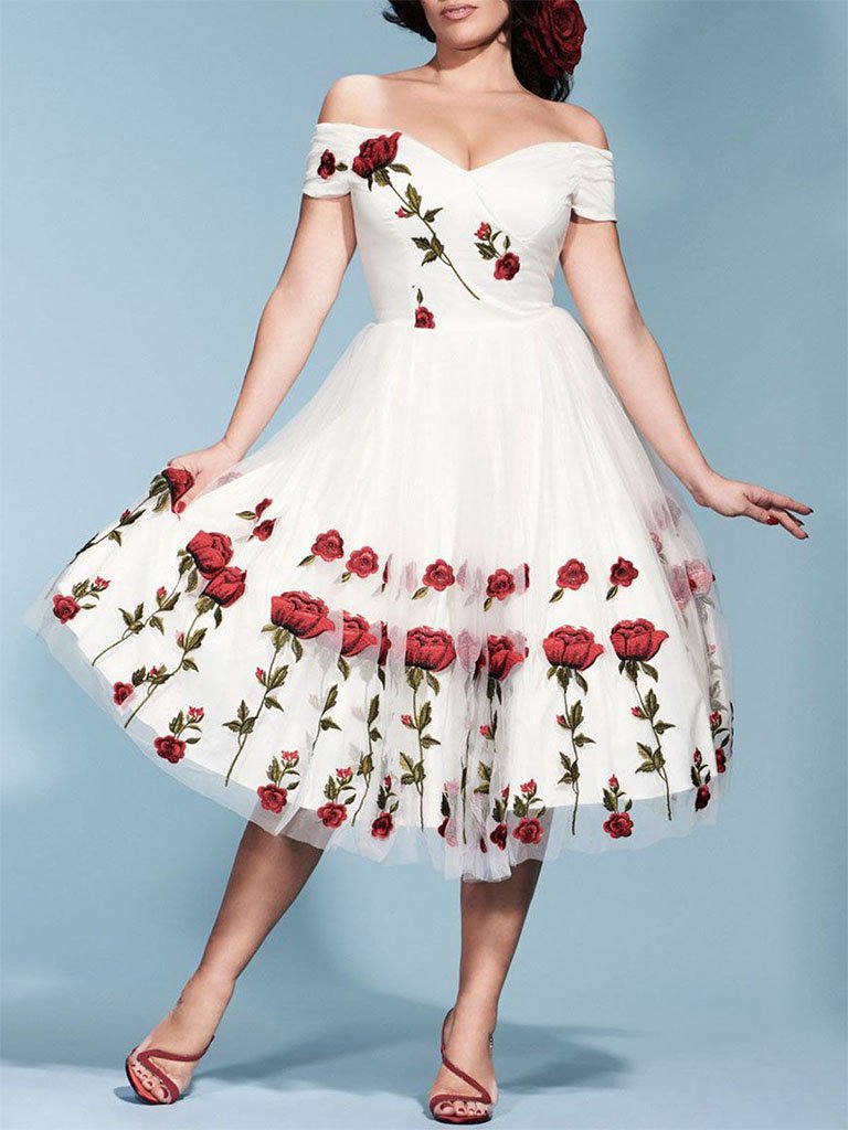 Off Shoulder 1950s Rose Embroidery Dress