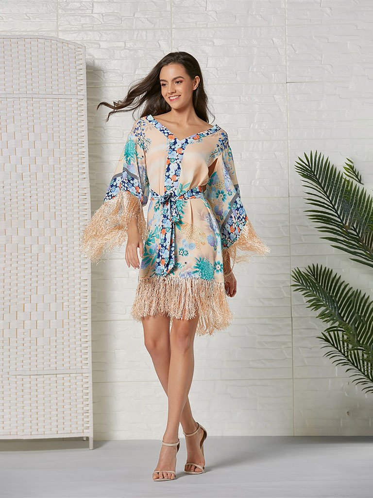 Boho Dress Fringe Floral Printed Midi Length Dress